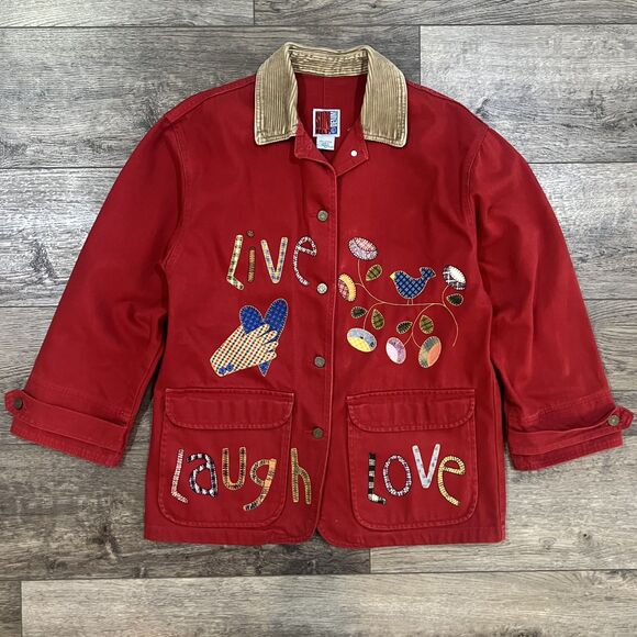 Jackets & Blazers - Vintage 80s Sun Belt Denim Red Cotton Jacket Folk Appliqué Live Laugh Love USA M